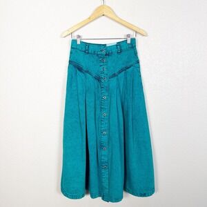 80s Boho Western Vintage Sundance Size 7/8 Womens Teal Acid Wash Midi Jean Skirt